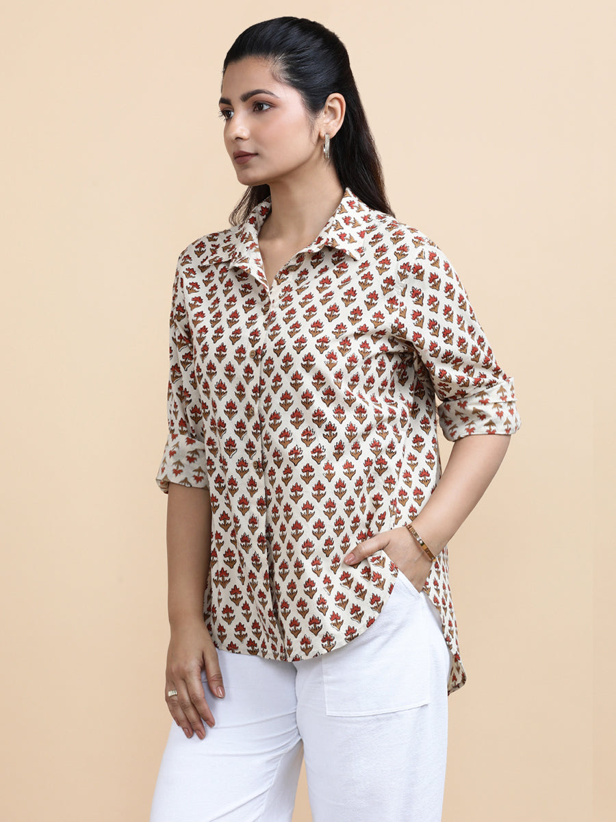 Hazel x Soma Shirt, in Cream 100% Cotton, featuring full sleeves and regular collar neckline, made for daily & work (view 5).