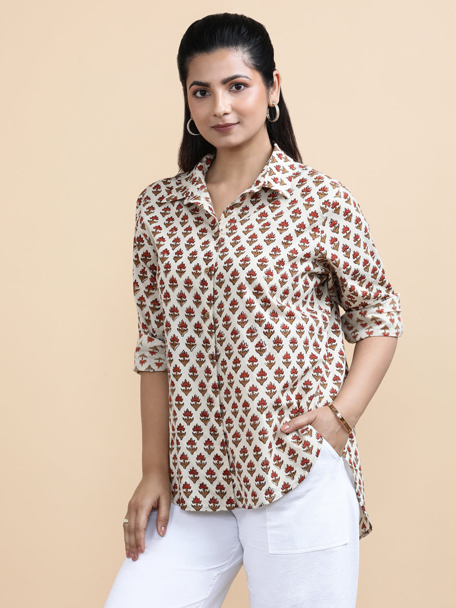 Hazel x Soma Shirt, in Cream 100% Cotton, featuring full sleeves and regular collar neckline, made for daily & work (view 6).