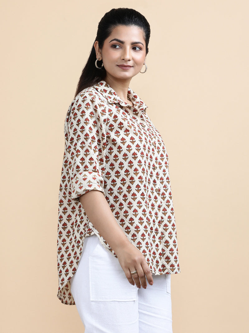 Hazel x Soma | Relaxed Women's Shirt in Tulip Bloom Cream Block Print Cotton-Binks