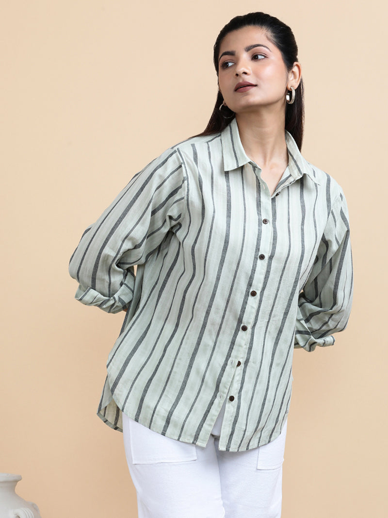 Jade x Soma | Relaxed Women's Shirt in Classic Band Stripes Handloom Khadi Cotton-Binks