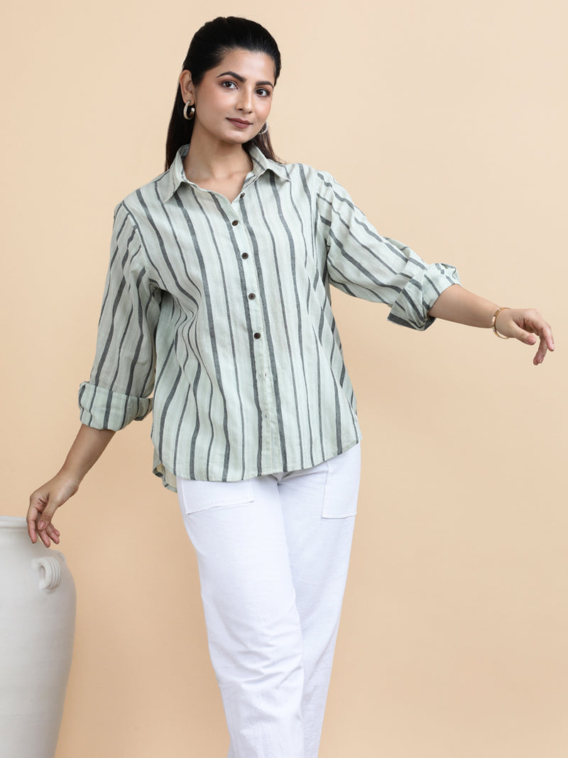 Jade x Soma | Relaxed Women's Shirt in Classic Band Stripes Handloom Khadi Cotton-Binks