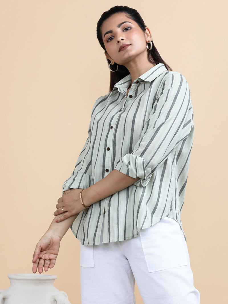 Jade x Soma | Relaxed Women's Shirt in Classic Band Stripes Handloom Khadi Cotton-Binks