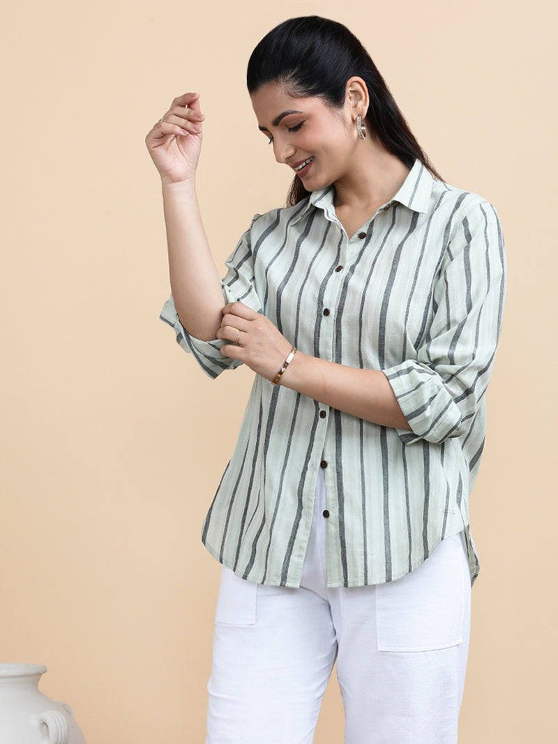 Jade x Soma | Relaxed Women's Shirt in Classic Band Stripes Handloom Khadi Cotton-Binks