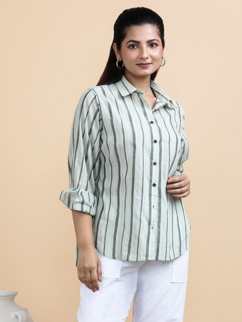 Jade x Soma | Relaxed Women's Shirt in Classic Band Stripes Handloom Khadi Cotton-Binks