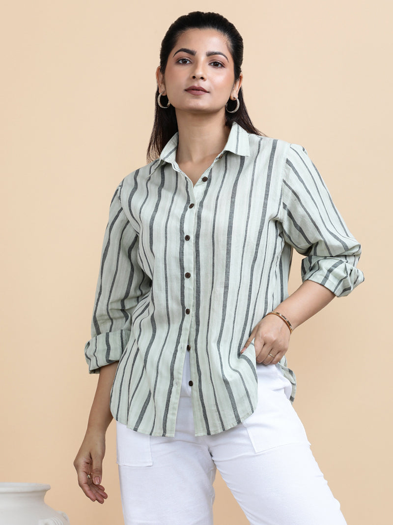 Jade x Soma | Relaxed Women's Shirt in Classic Band Stripes Handloom Khadi Cotton-Binks