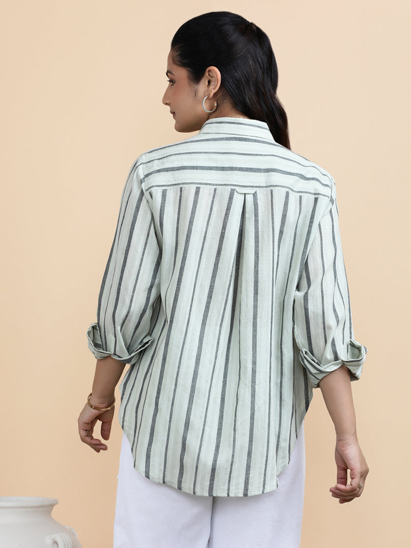 Jade x Soma | Relaxed Women's Shirt in Classic Band Stripes Handloom Khadi Cotton-Binks