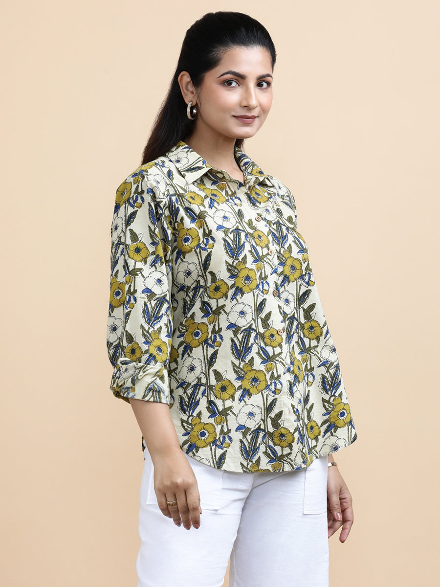 Jane x Soma | Relaxed Women's Shirt in Cream Meadow Block Print Cotton
