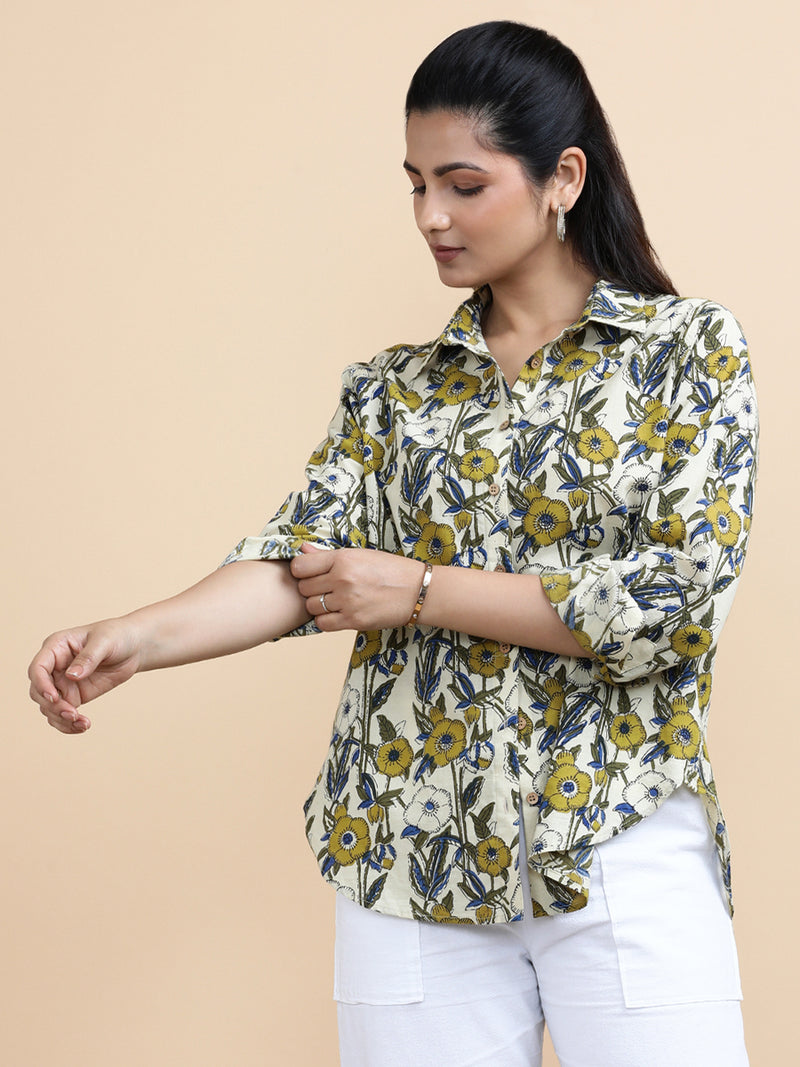 Jane x Soma | Relaxed Women's Shirt in Cream Meadow Block Print Cotton-Binks
