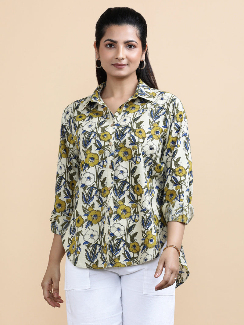 Jane x Soma | Relaxed Women's Shirt in Cream Meadow Block Print Cotton-Binks