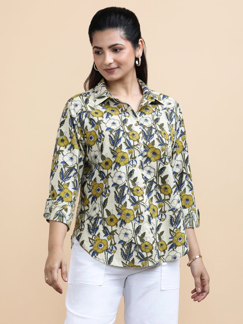 Jane x Soma | Relaxed Women's Shirt in Cream Meadow Block Print Cotton-Binks
