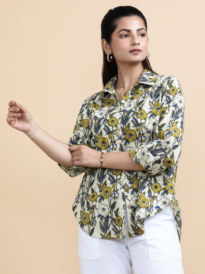 Jane x Soma | Relaxed Women's Shirt in Cream Meadow Block Print Cotton-Binks