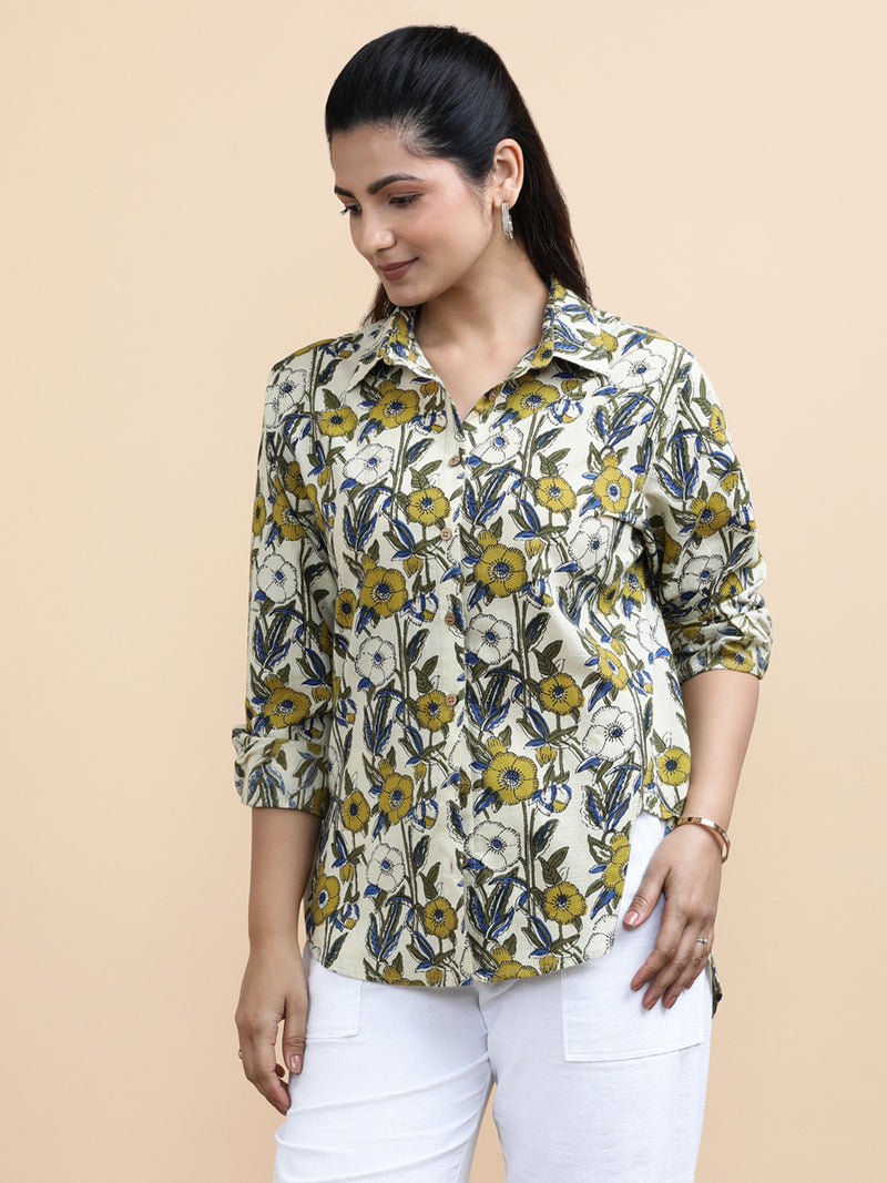 Jane x Soma | Relaxed Women's Shirt in Cream Meadow Block Print Cotton-Binks