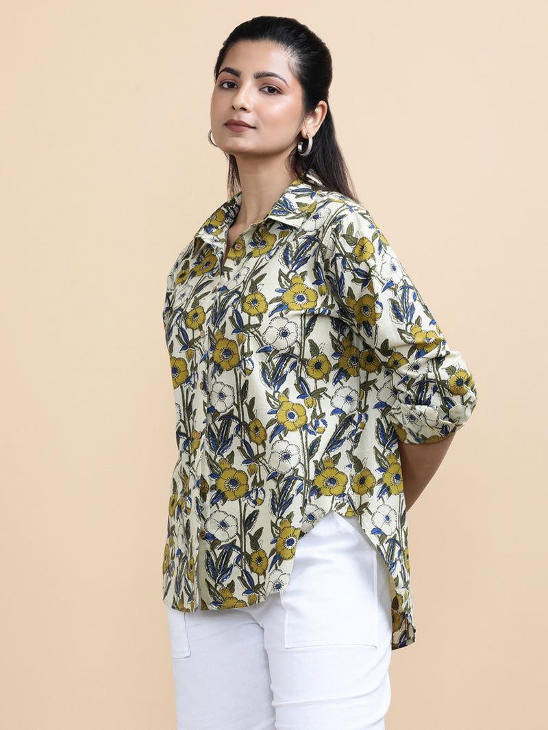 Jane x Soma | Relaxed Women's Shirt in Cream Meadow Block Print Cotton-Binks