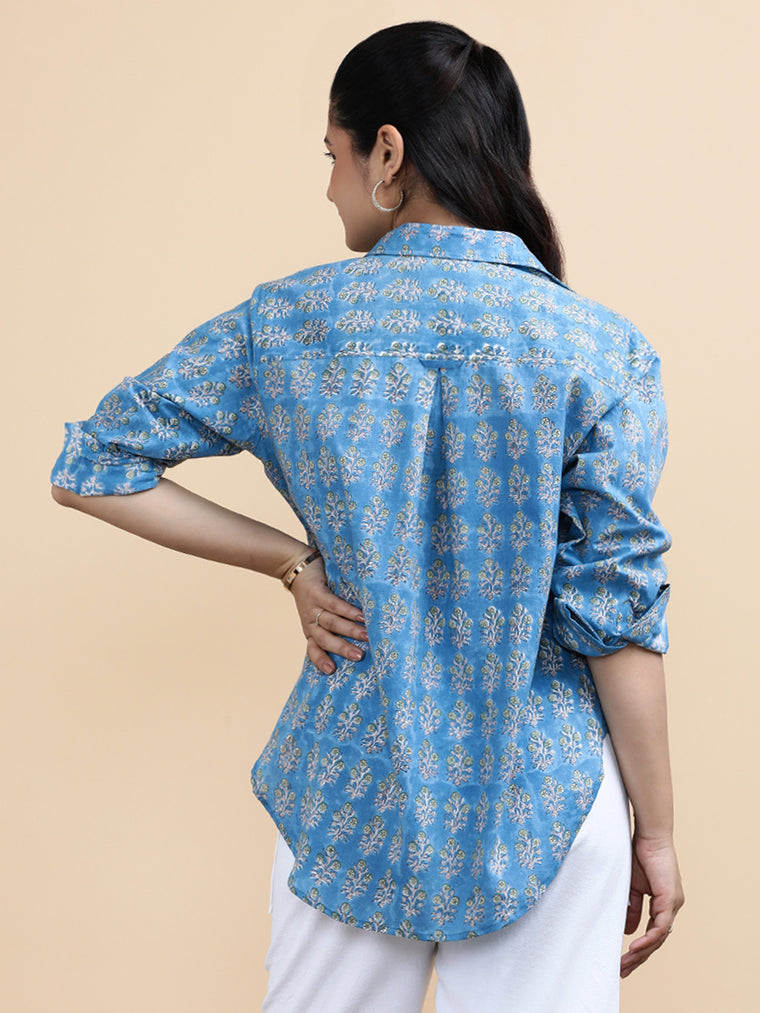 Julia x Soma Shirt, in Blue 100% Cotton, featuring full sleeves and regular collar neckline, made for daily & work (view 2).