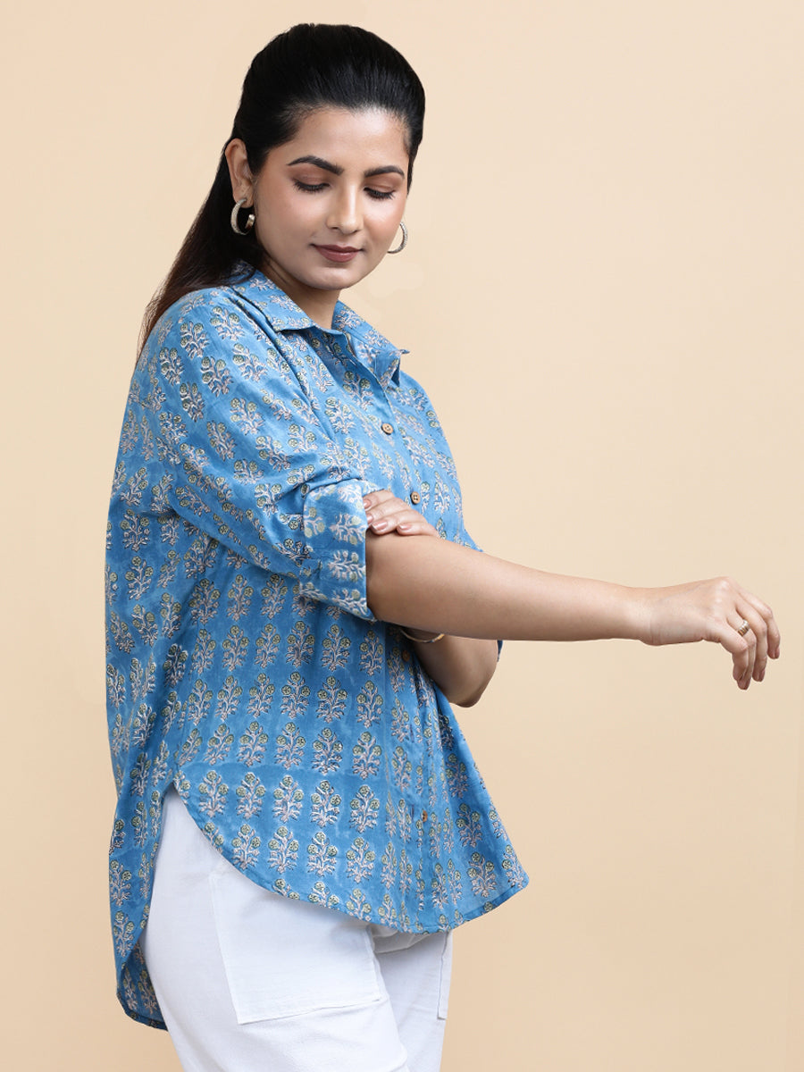 Julia x Soma Shirt, in Blue 100% Cotton, featuring full sleeves and regular collar neckline, made for daily & work (view 3).
