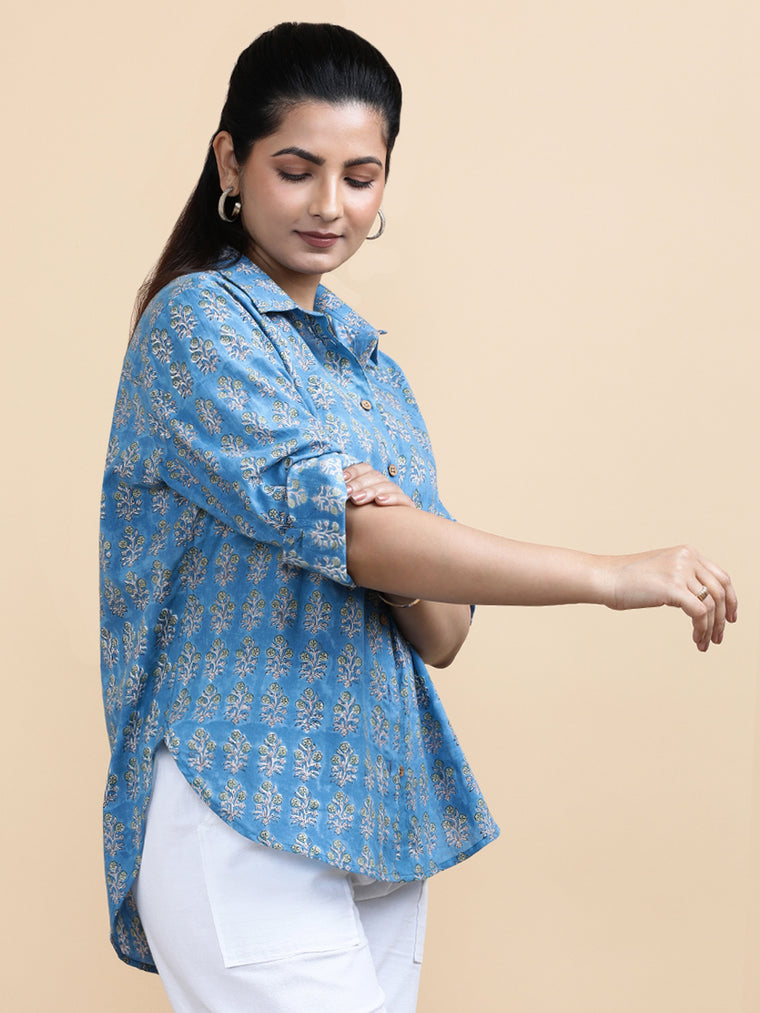 Julia x Soma Shirt, in Blue 100% Cotton, featuring full sleeves and regular collar neckline, made for daily & work (view 3).