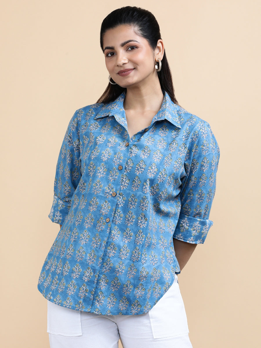 Julia x Soma Shirt, in Blue 100% Cotton, featuring full sleeves and regular collar neckline, made for daily & work (view 4).