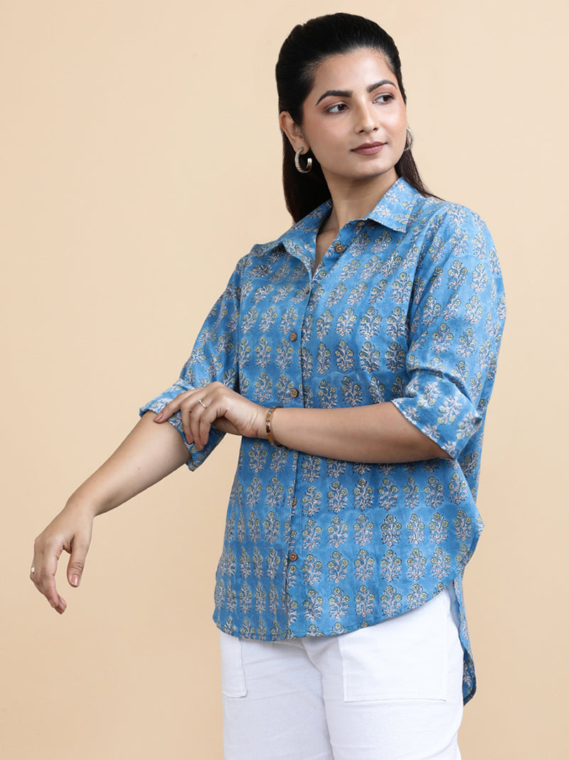Julia x Soma | Relaxed Women's Shirt in Blue Garden Block Print Cotton-Binks