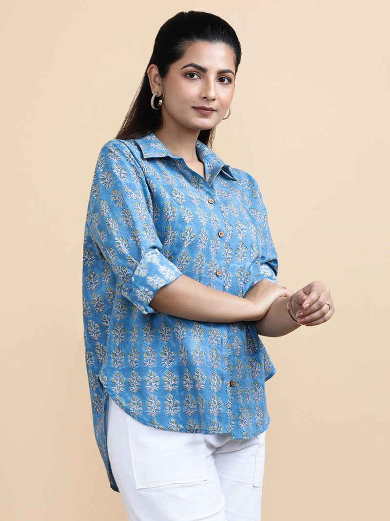 Julia x Soma | Relaxed Women's Shirt in Blue Garden Block Print Cotton-Binks