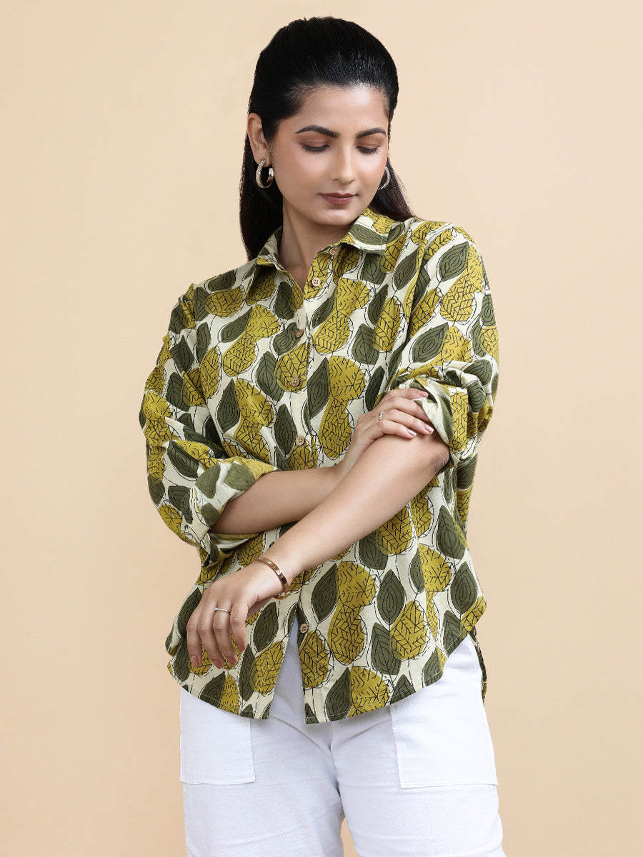 Leona x Soma | Relaxed Women's Shirt in Olive Foliage Block Print Cotton
