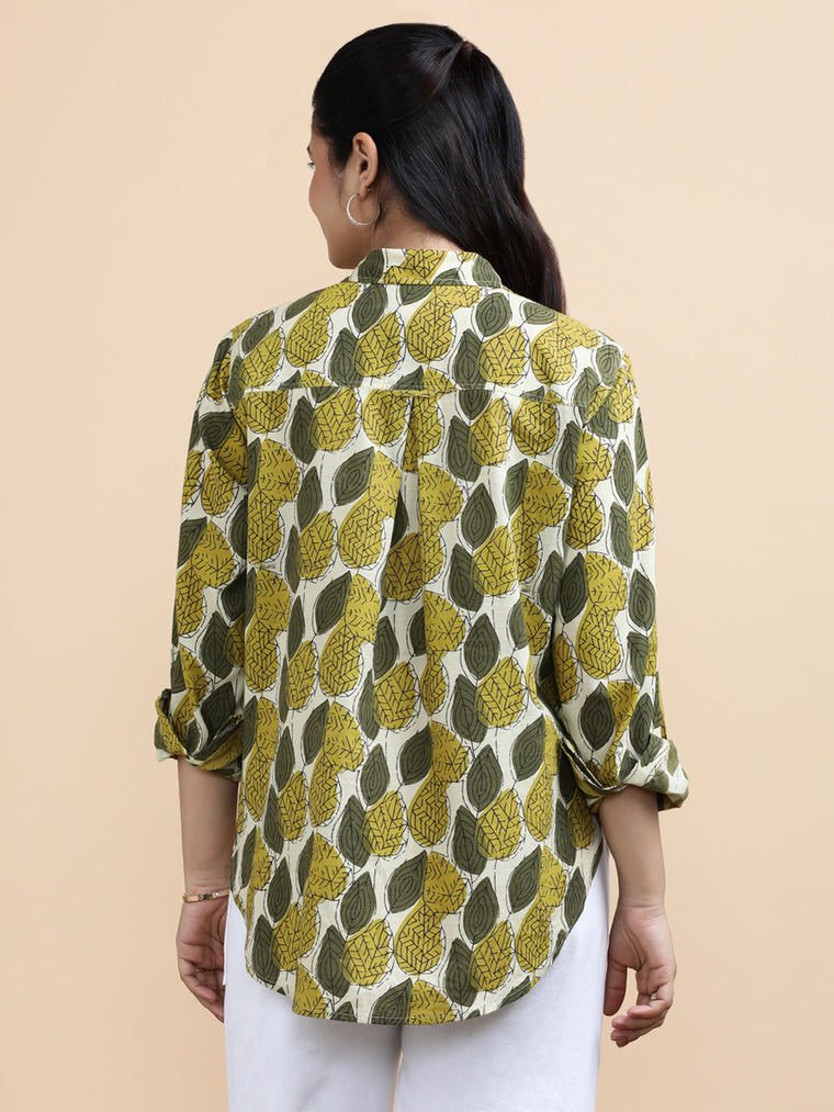 Leona x Soma Shirt, in Green 100% Cotton, featuring full sleeves and regular collar neckline, made for daily & work (view 2).