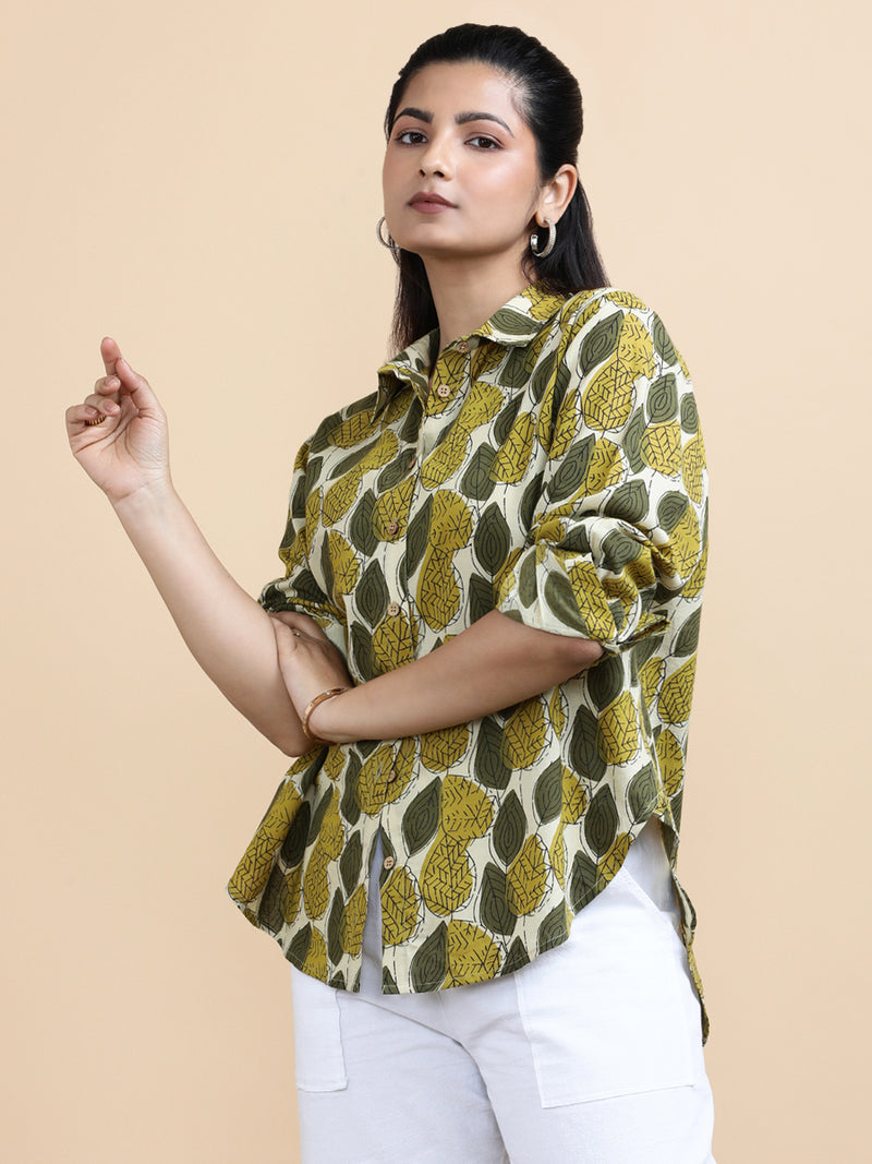 Leona x Soma | Relaxed Women's Shirt in Olive Foliage Block Print Cotton-Binks
