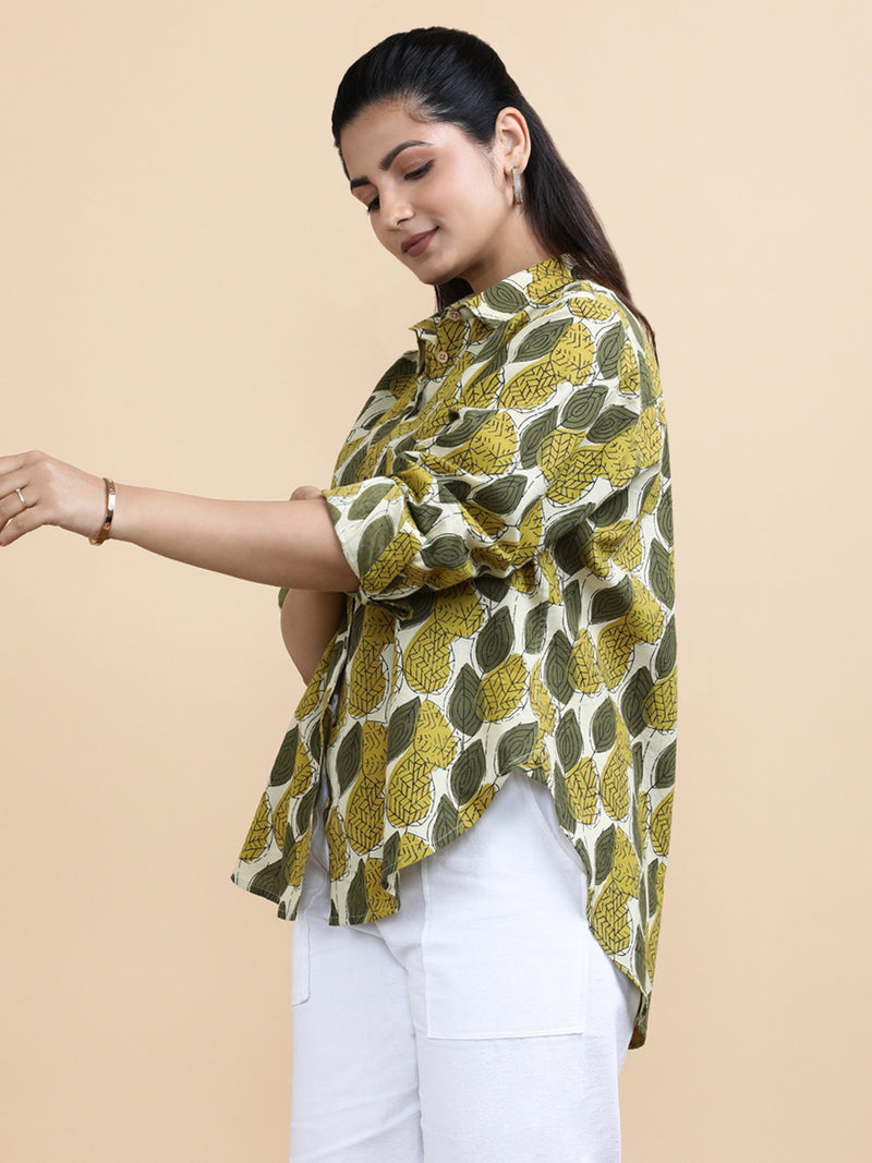 Leona x Soma | Relaxed Women's Shirt in Olive Foliage Block Print Cotton-Binks