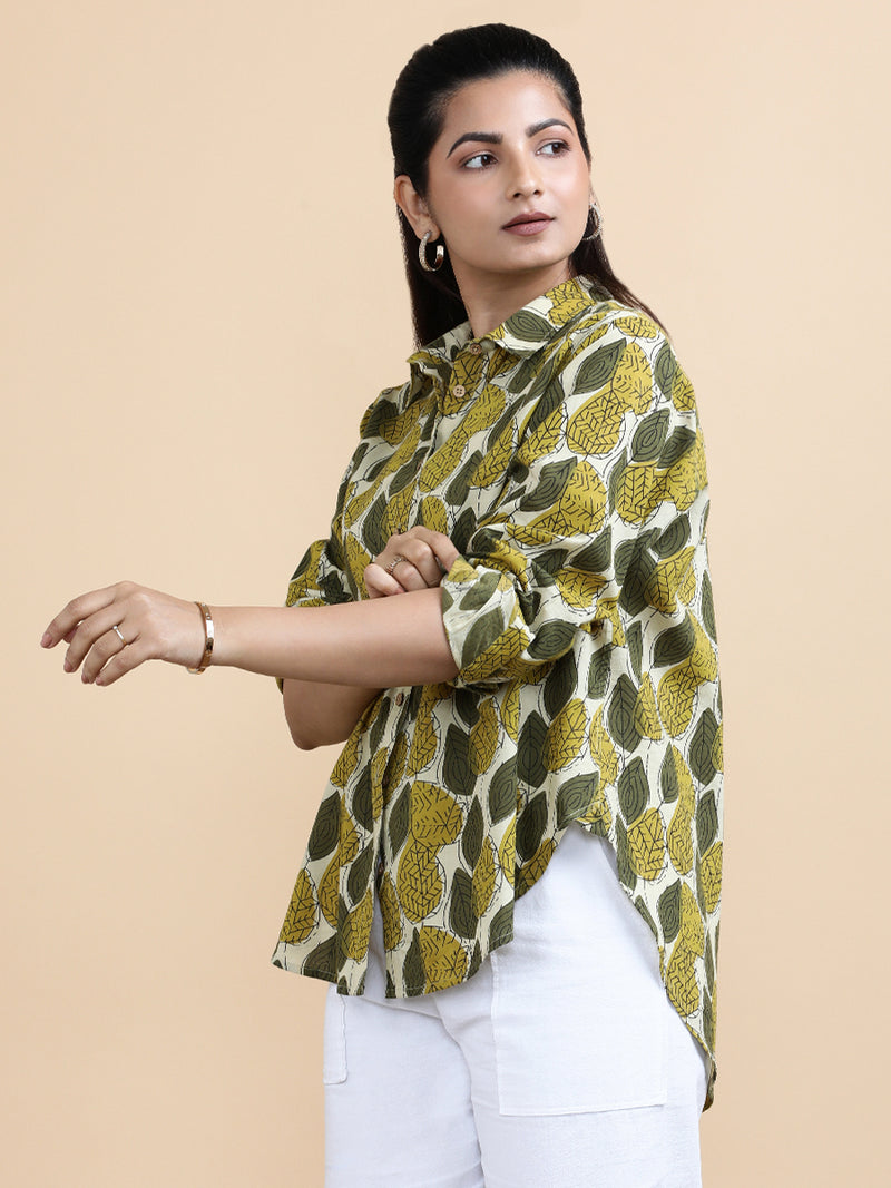 Leona x Soma | Relaxed Women's Shirt in Olive Foliage Block Print Cotton-Binks