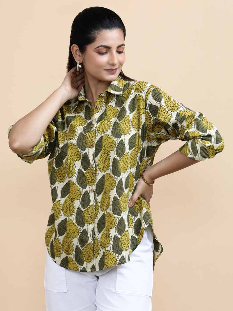 Leona x Soma | Relaxed Women's Shirt in Olive Foliage Block Print Cotton-Binks