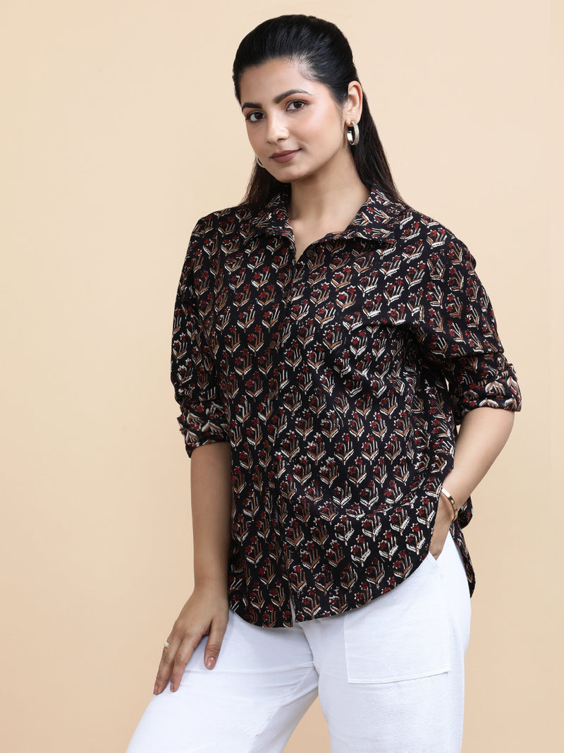 Lily x Soma | Relaxed Women's Shirt in Midnight Lily Block Print Cotton-Binks