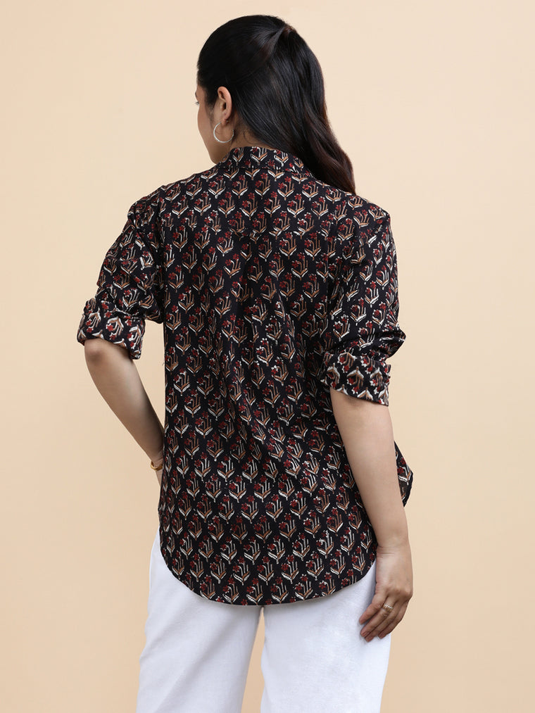 Lily x Soma Shirt, in Black 100% Cotton, featuring full sleeves and regular collar neckline, made for daily & work (view 2).