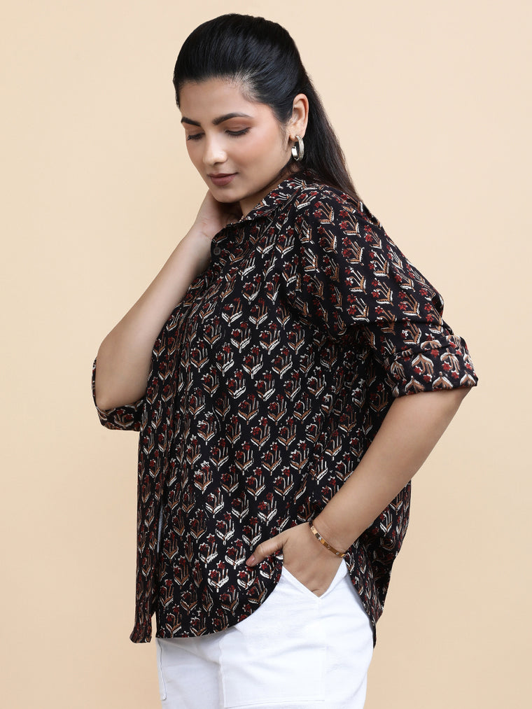 Lily x Soma Shirt, in Black 100% Cotton, featuring full sleeves and regular collar neckline, made for daily & work (view 3).
