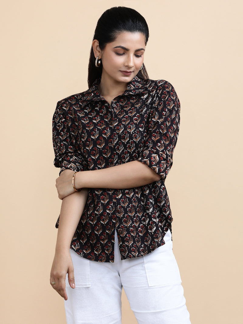 Lily x Soma | Relaxed Women's Shirt in Midnight Lily Block Print Cotton-Binks