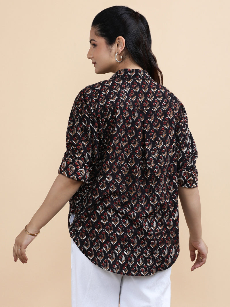 Lily x Soma | Relaxed Women's Shirt in Midnight Lily Block Print Cotton-Binks