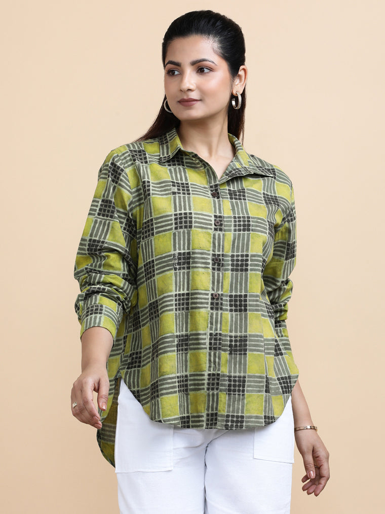 Luna x Soma Shirt, in Green 100% Cotton, featuring full sleeves and regular collar neckline, made for daily & work.
