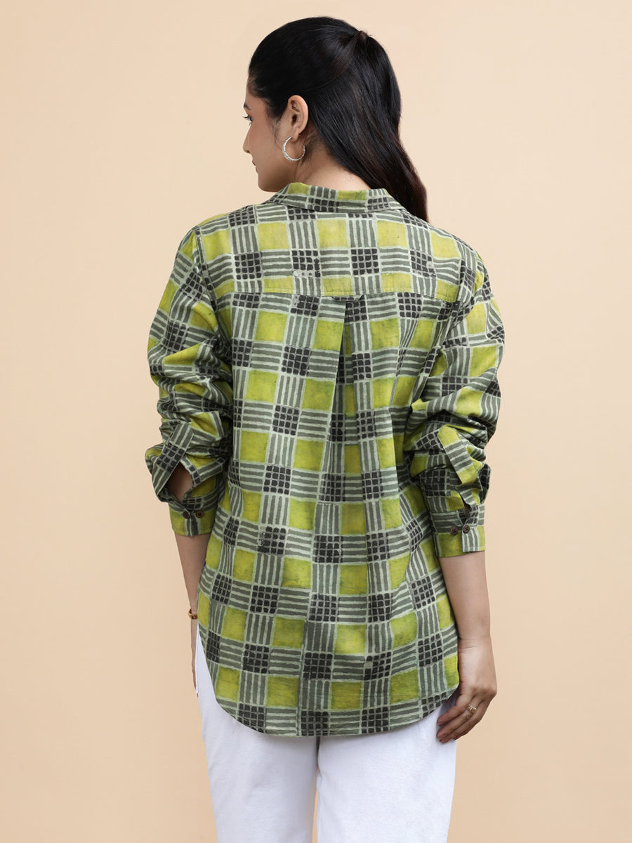 Luna x Soma Shirt, in Green 100% Cotton, featuring full sleeves and regular collar neckline, made for daily & work (view 2).