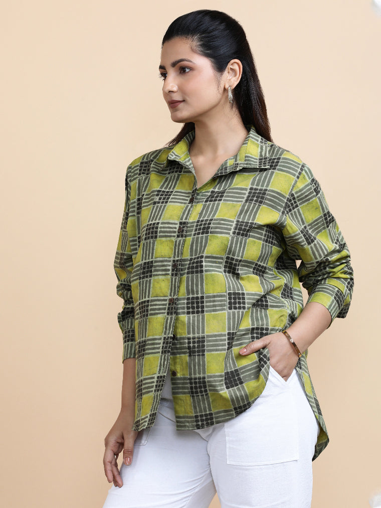 Luna x Soma Shirt, in Green 100% Cotton, featuring full sleeves and regular collar neckline, made for daily & work (view 3).