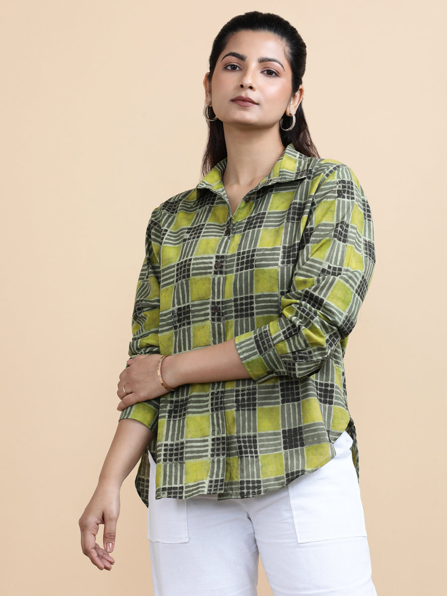 Luna x Soma Shirt, in Green 100% Cotton, featuring full sleeves and regular collar neckline, made for daily & work (view 4).