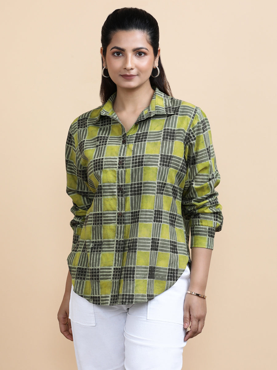 Luna x Soma Shirt, in Green 100% Cotton, featuring full sleeves and regular collar neckline, made for daily & work (view 7).