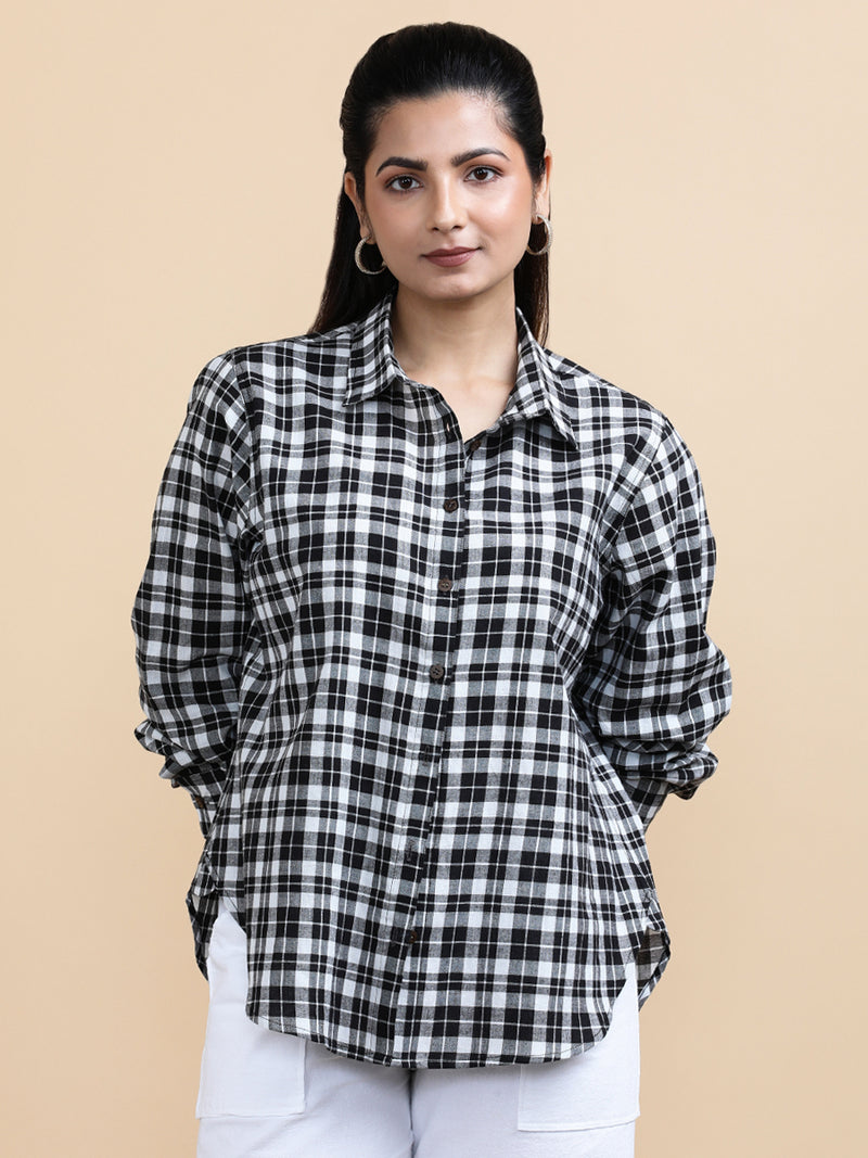 Marlene x Soma | Relaxed Women's Shirt in Black & White Classic Checks Handloom Khadi Cotton-Binks