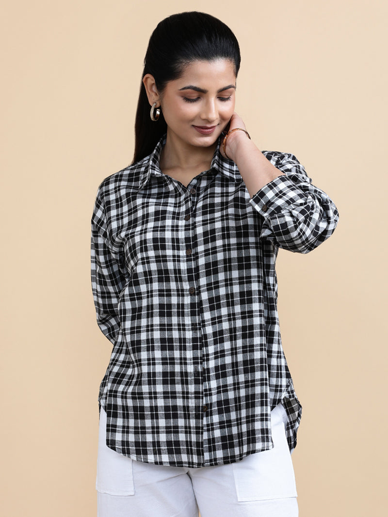 Marlene x Soma | Relaxed Women's Shirt in Black & White Classic Checks Handloom Khadi Cotton-Binks