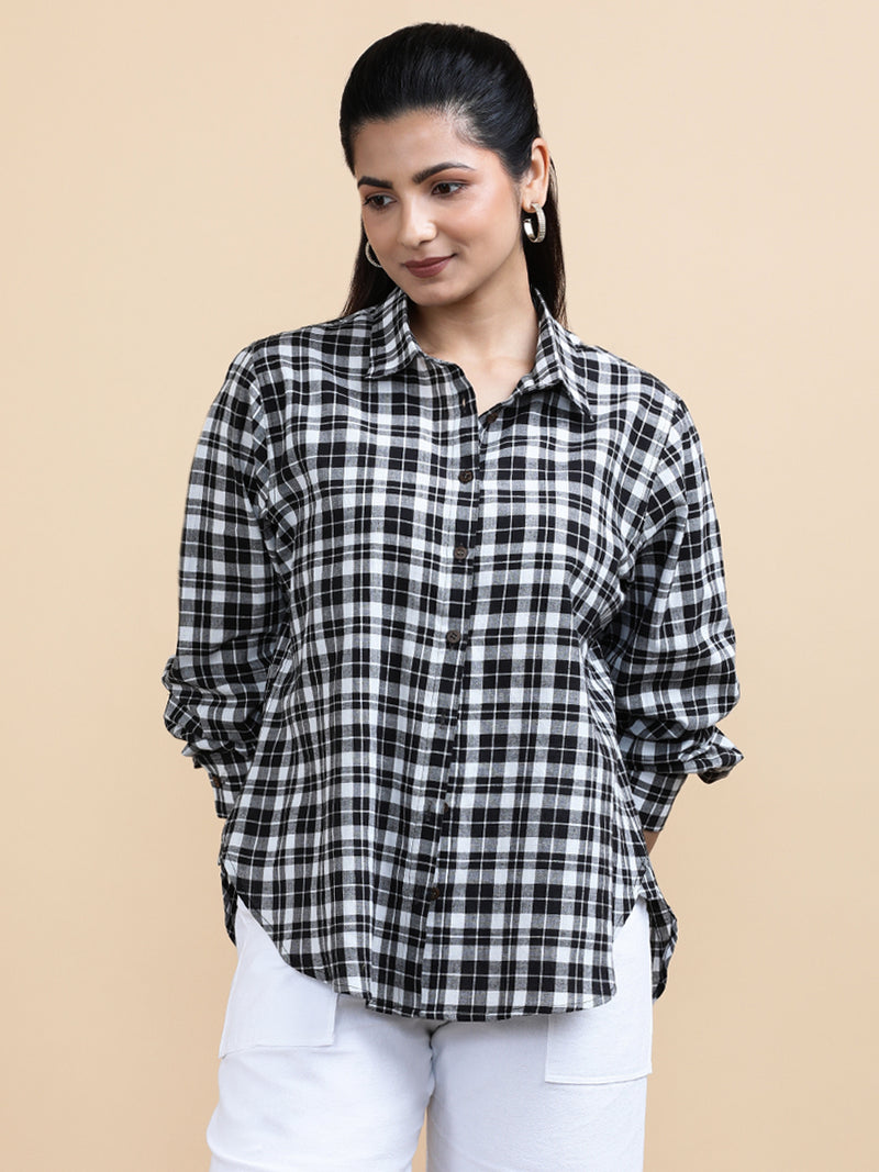 Marlene x Soma | Relaxed Women's Shirt in Black & White Classic Checks Handloom Khadi Cotton-Binks