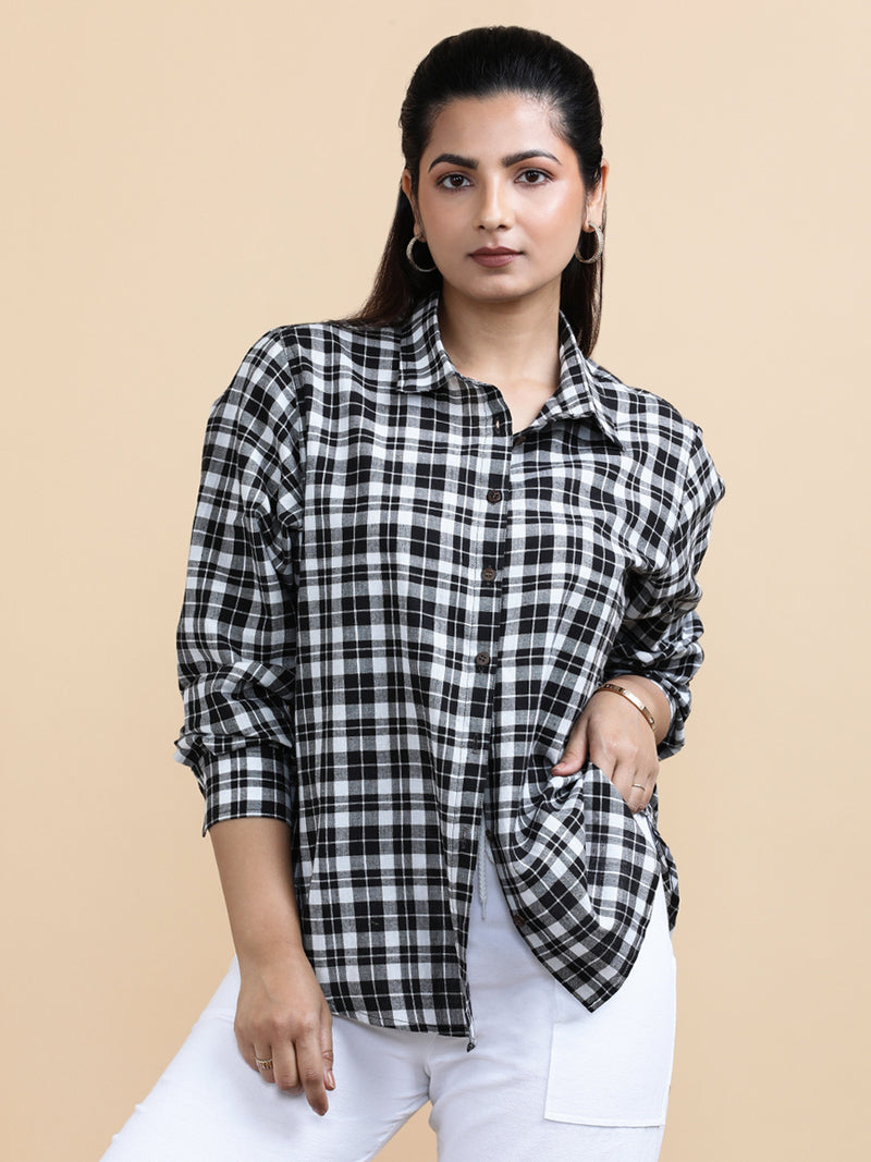 Marlene x Soma | Relaxed Women's Shirt in Black & White Classic Checks Handloom Khadi Cotton-Binks