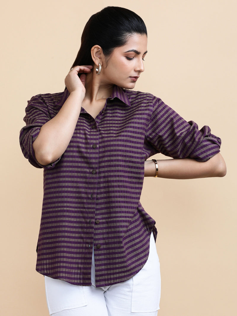 Mila x Soma | Relaxed Women's Shirt in Orchid Loom Stripes Handloom Khadi Cotton-Binks