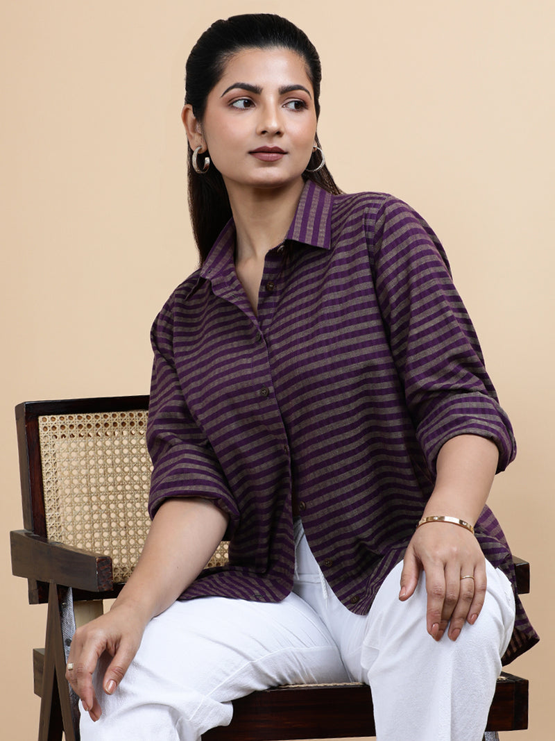 Mila x Soma | Relaxed Women's Shirt in Orchid Loom Stripes Handloom Khadi Cotton-Binks