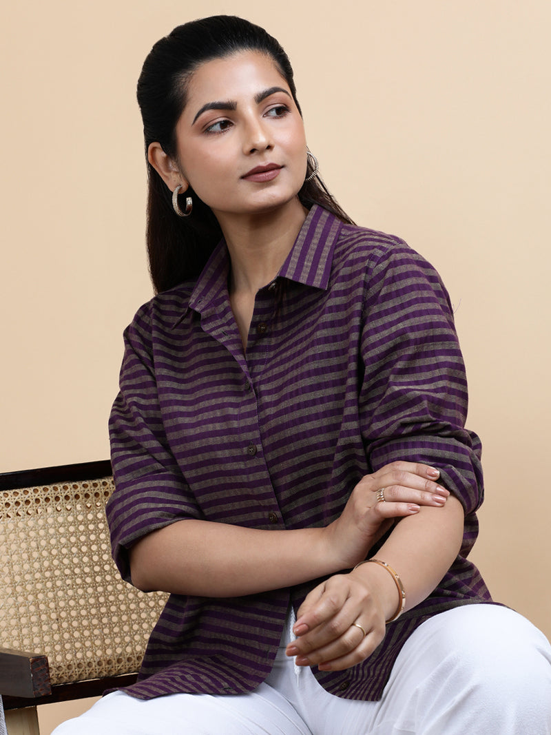 Mila x Soma | Relaxed Women's Shirt in Orchid Loom Stripes Handloom Khadi Cotton-Binks