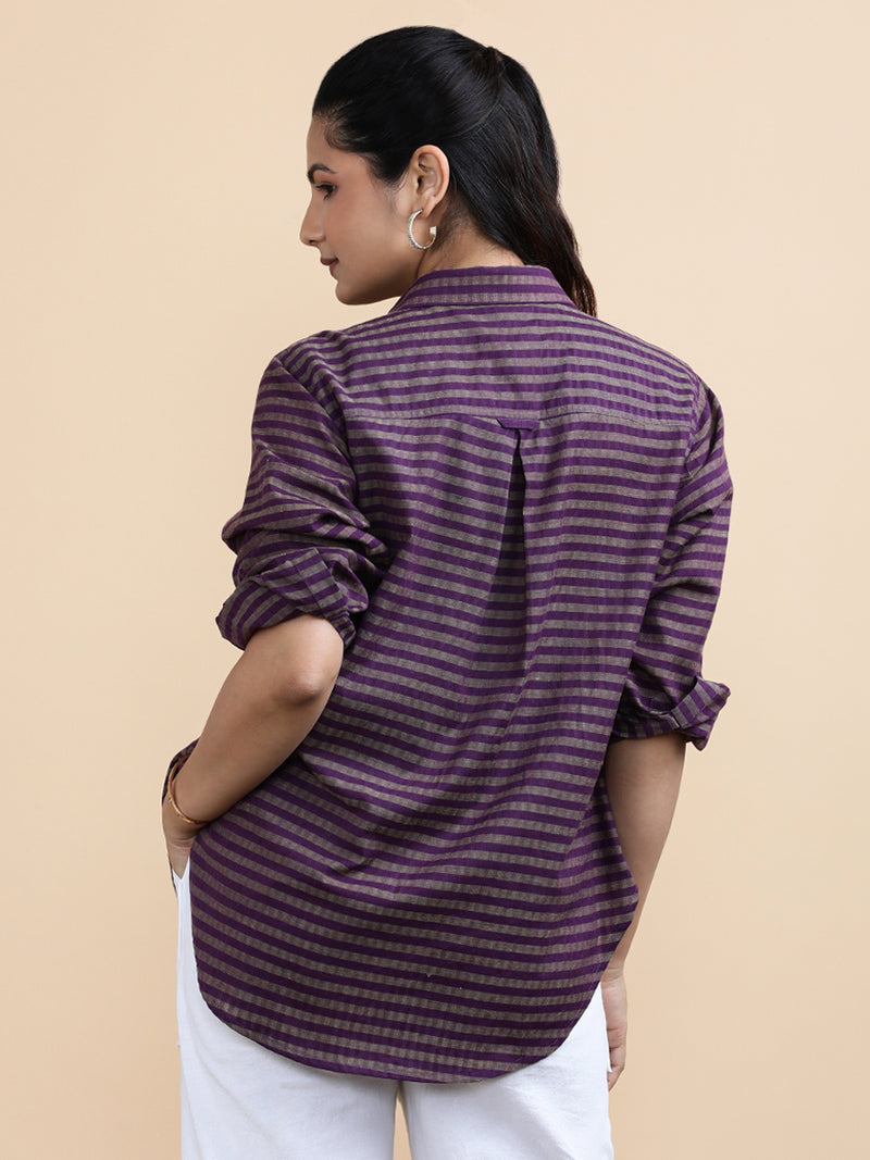 Mila x Soma | Relaxed Women's Shirt in Orchid Loom Stripes Handloom Khadi Cotton-Binks