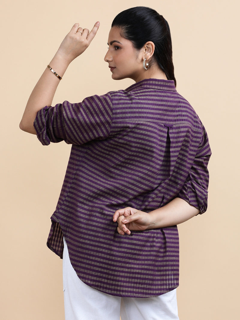 Mila x Soma | Relaxed Women's Shirt in Orchid Loom Stripes Handloom Khadi Cotton-Binks