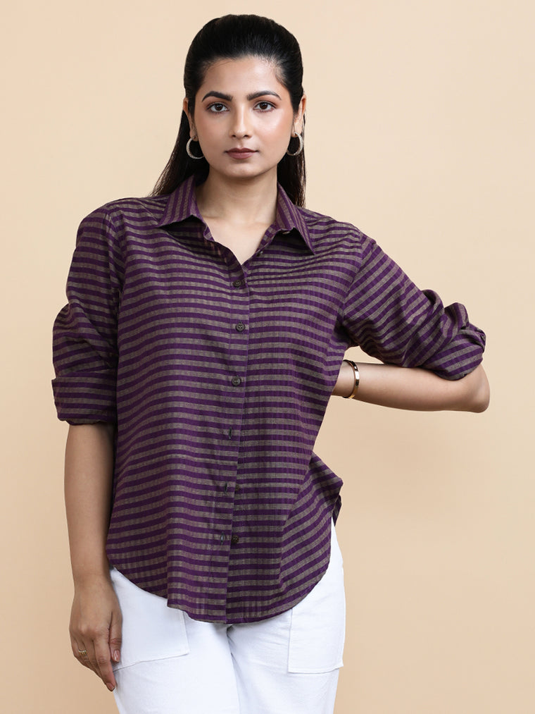 Mila x Soma Shirt, in Purple 100% Pure Handloom Khadi Cotton, featuring full sleeves and regular collar neckline (view 3).