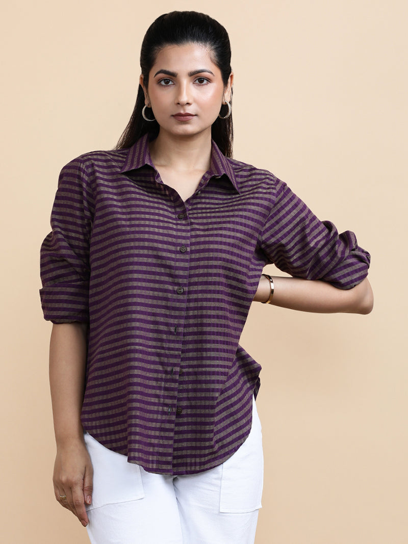 Mila x Soma | Relaxed Women's Shirt in Orchid Loom Stripes Handloom Khadi Cotton-Binks